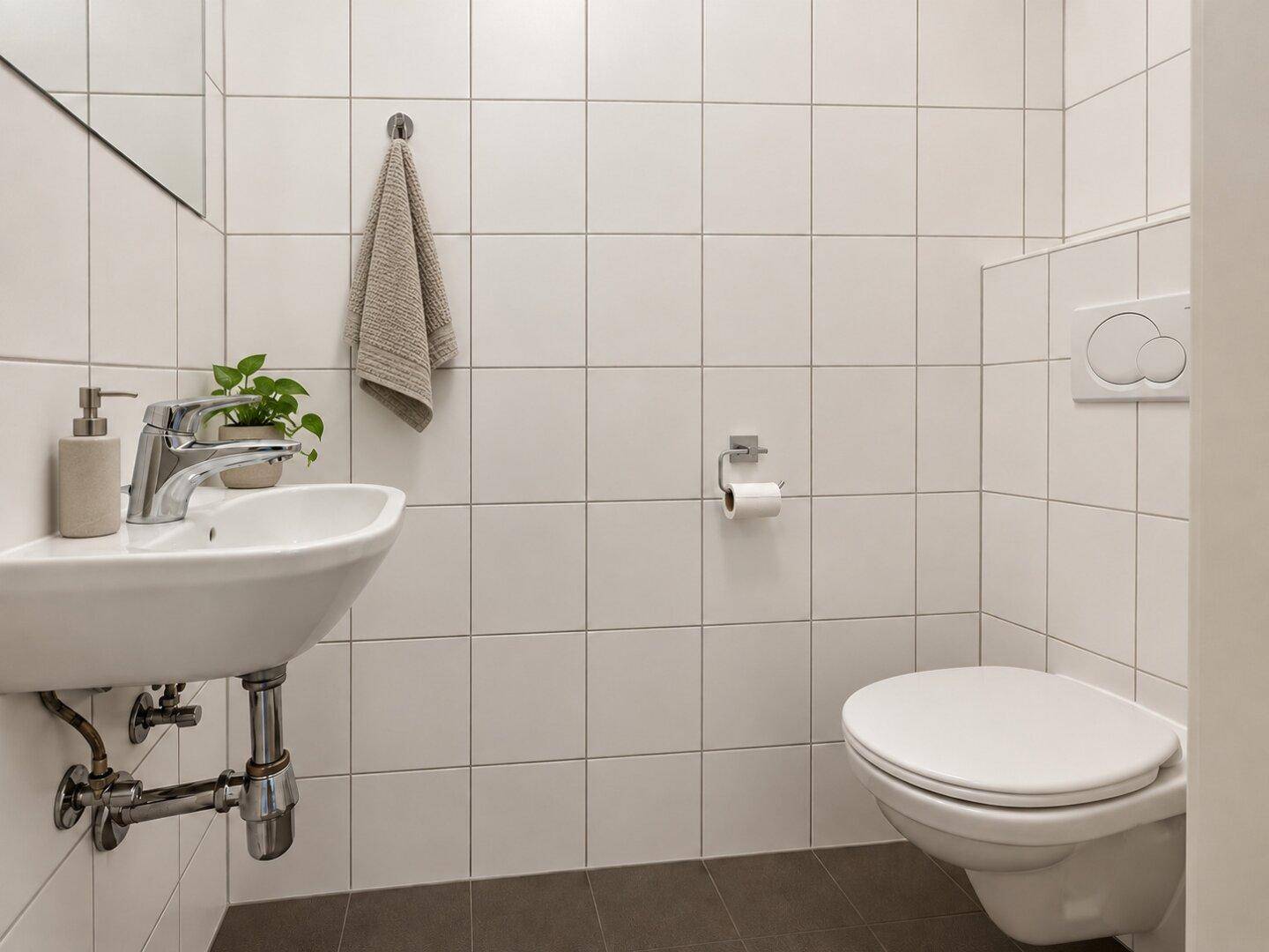 Kleines Gäste-WC mit wandhängendem WC, Waschbecken und hellen Fliesen.