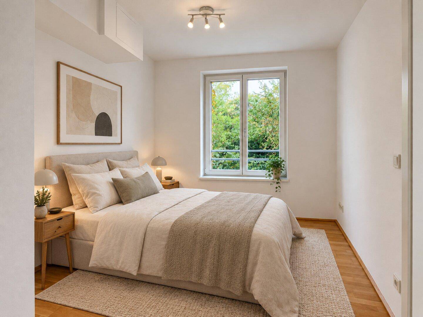 Schlafzimmer mit großem Fenster, das viel Licht hereinlässt und Blick ins Grüne bietet.