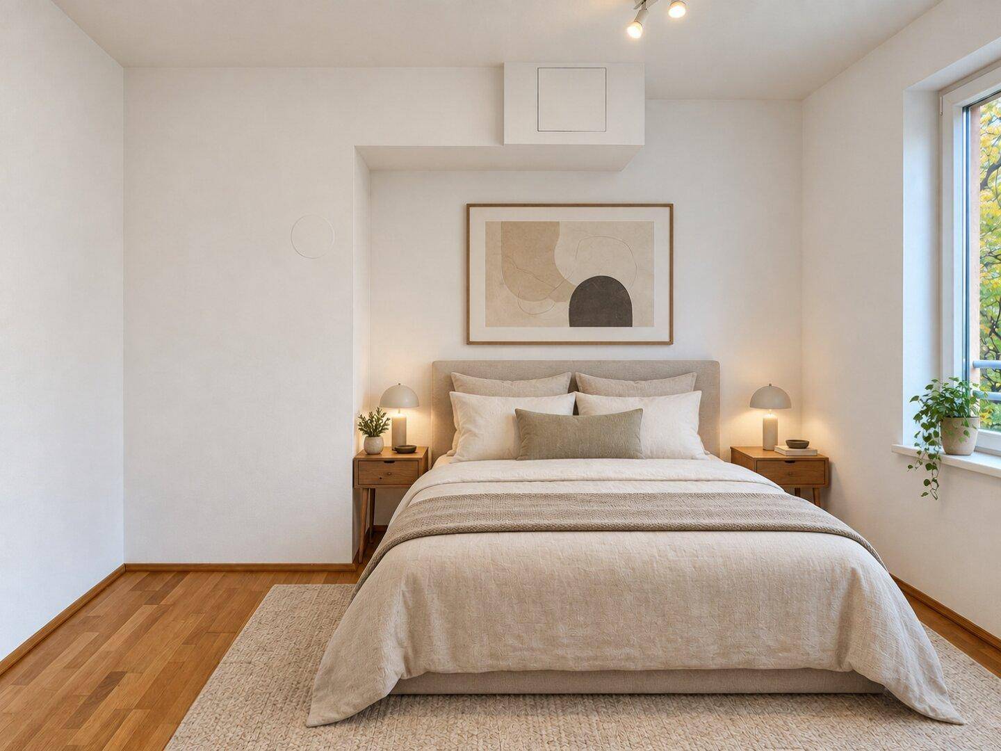 Helles Schlafzimmer mit Doppelbett, Nachttischen und Holzboden.