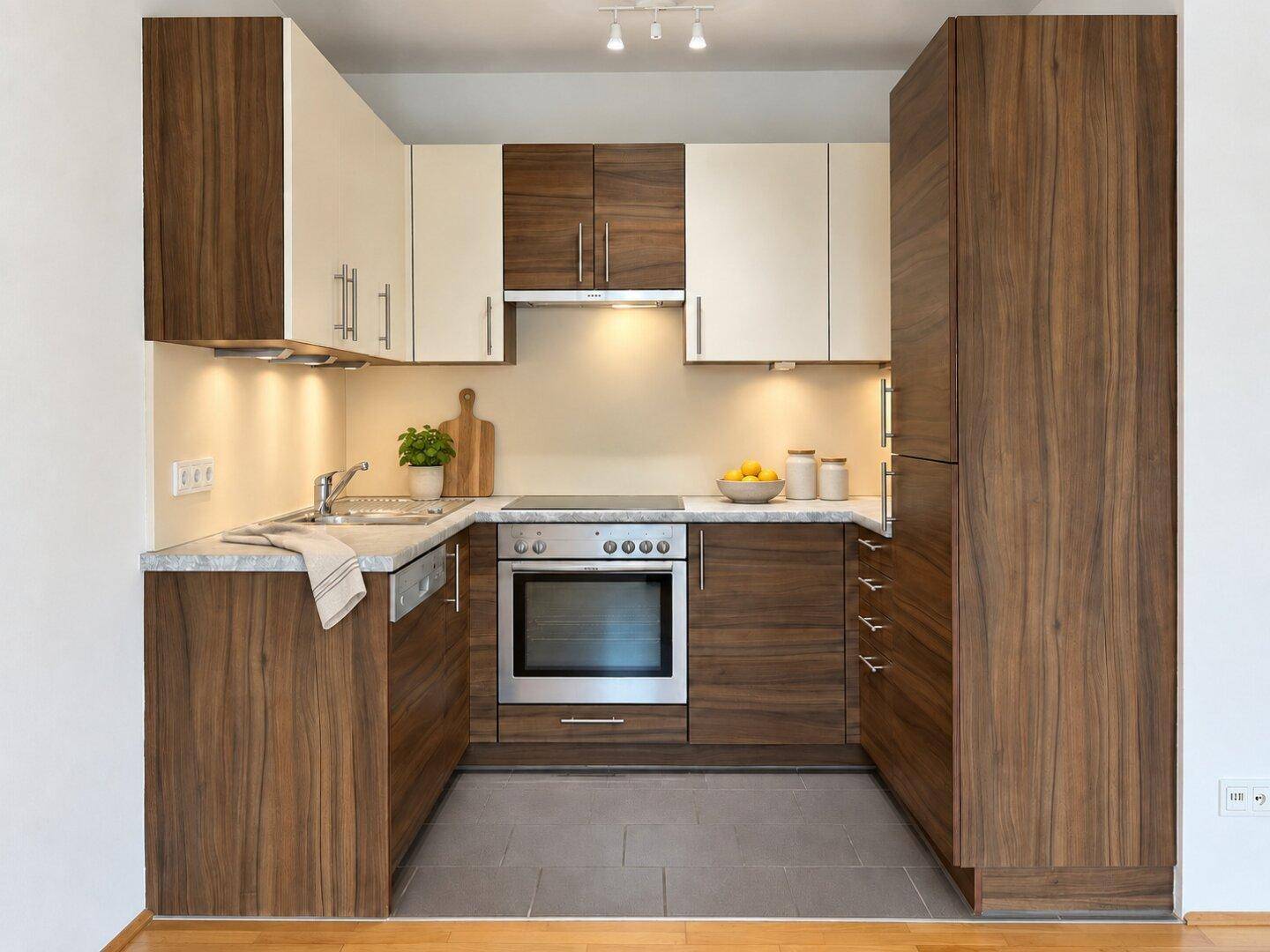 Moderne Küchenzeile mit Holzfronten, Einbaugeräten und Fliesenboden.