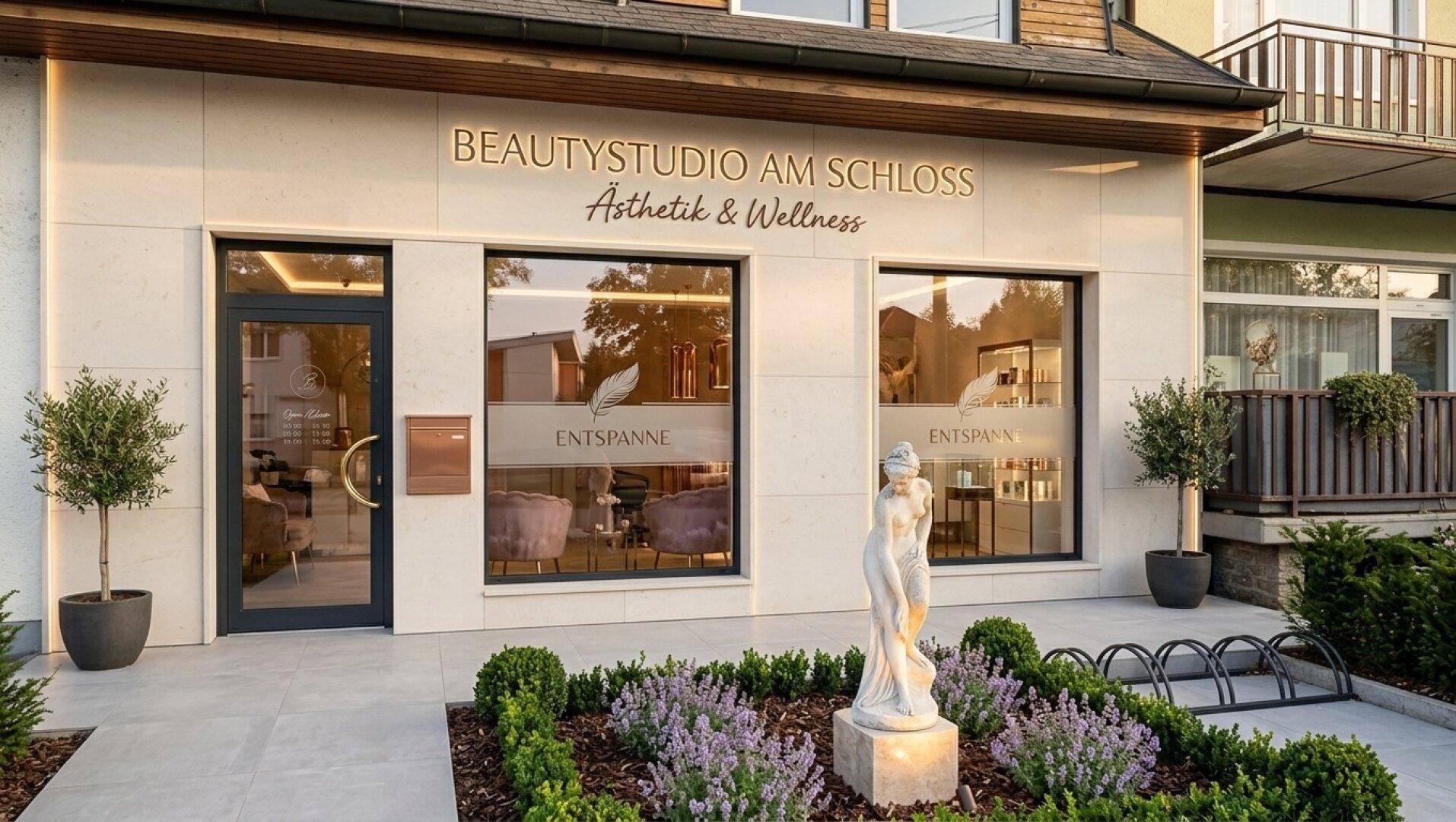 Moderne Geschäftsfassade eines Beauty-Studios mit eleganter Beschilderung und gepflegter Bepflanzung.