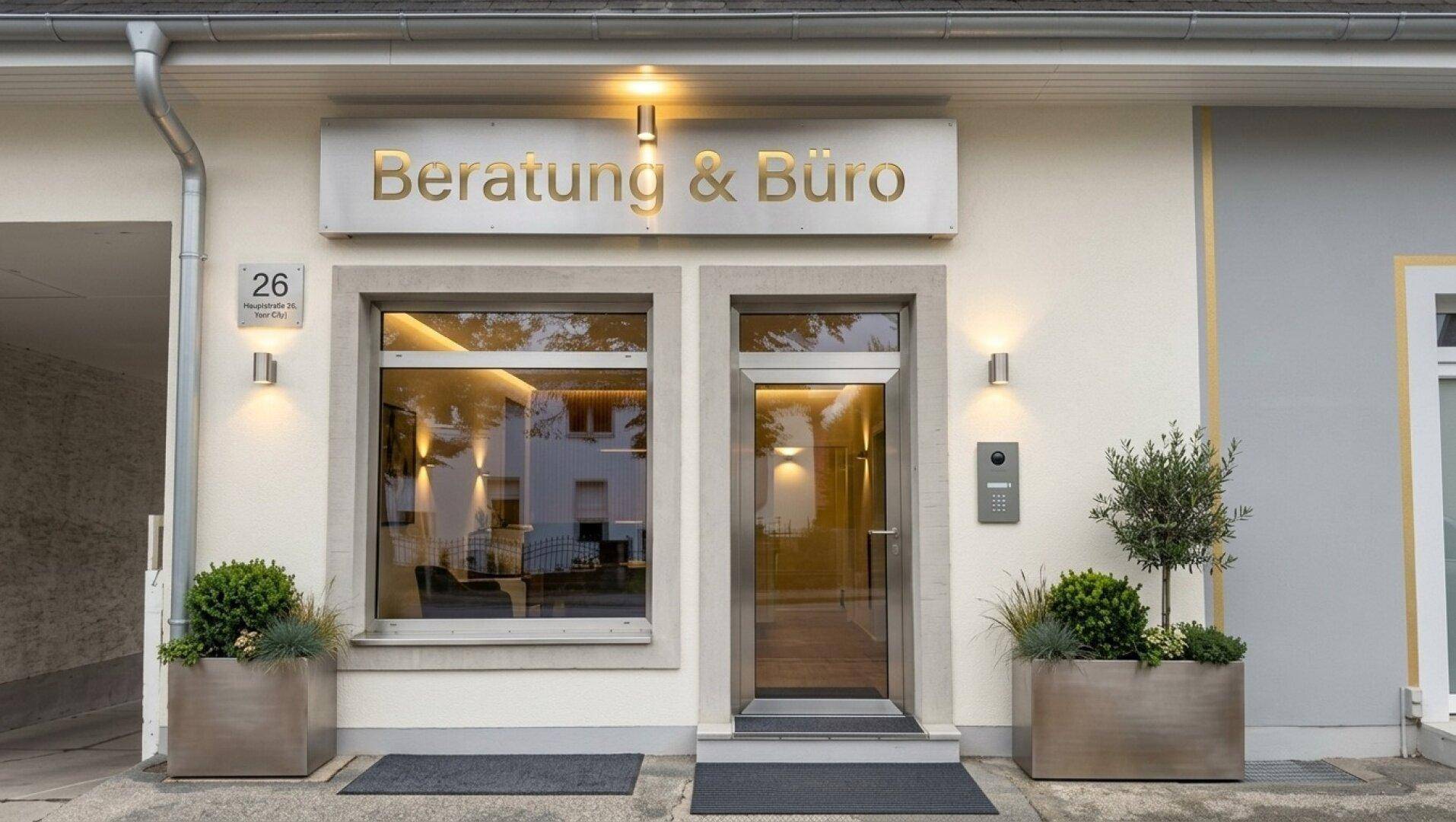Eingangsbereich eines modernen Geschäftsgebäudes mit Beschilderung "Beratung & Büro" und dekorativen Pflanzenkübeln.