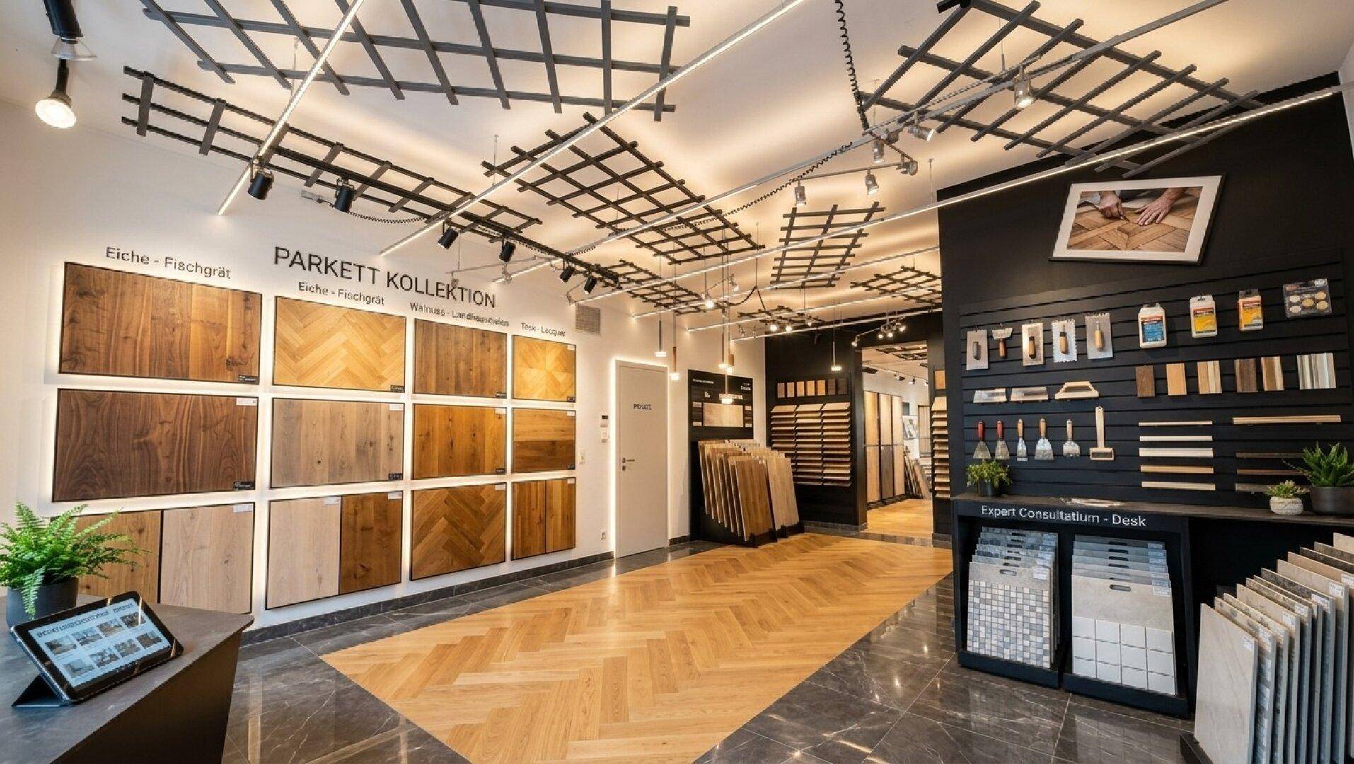 Heller Ausstellungsraum für Parkett- und Fliesenkollektionen mit vielfältigen Mustern und Beratungstisch.