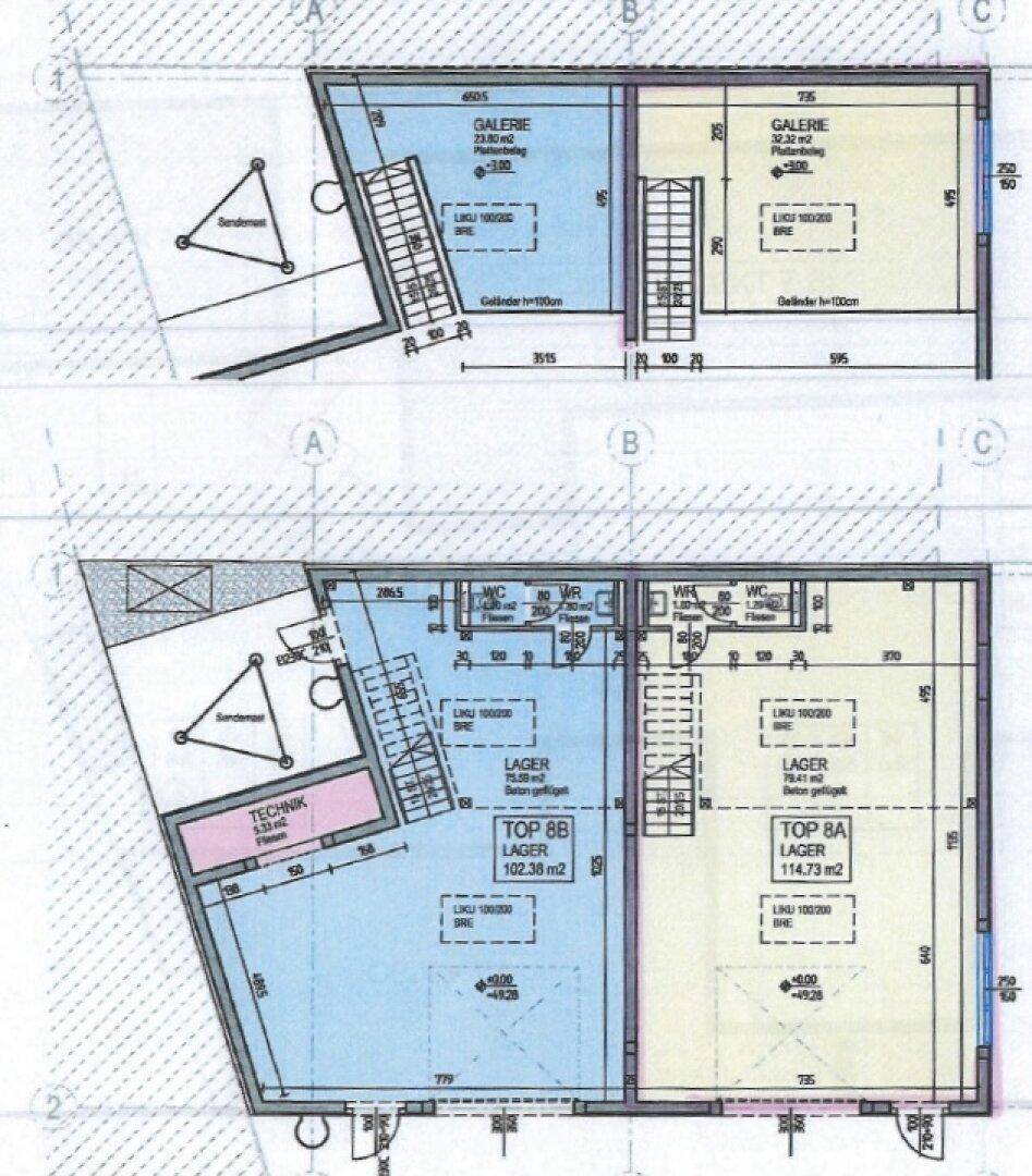 Grundriss zeigt zwei Ebenen mit Lagerbereichen, Technikraum und Galerieflächen.