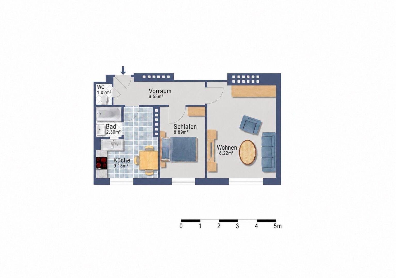 Grundriss einer kompakten Wohnung mit separater Küche, Schlafzimmer, Wohnbereich, Bad und Gäste-WC.