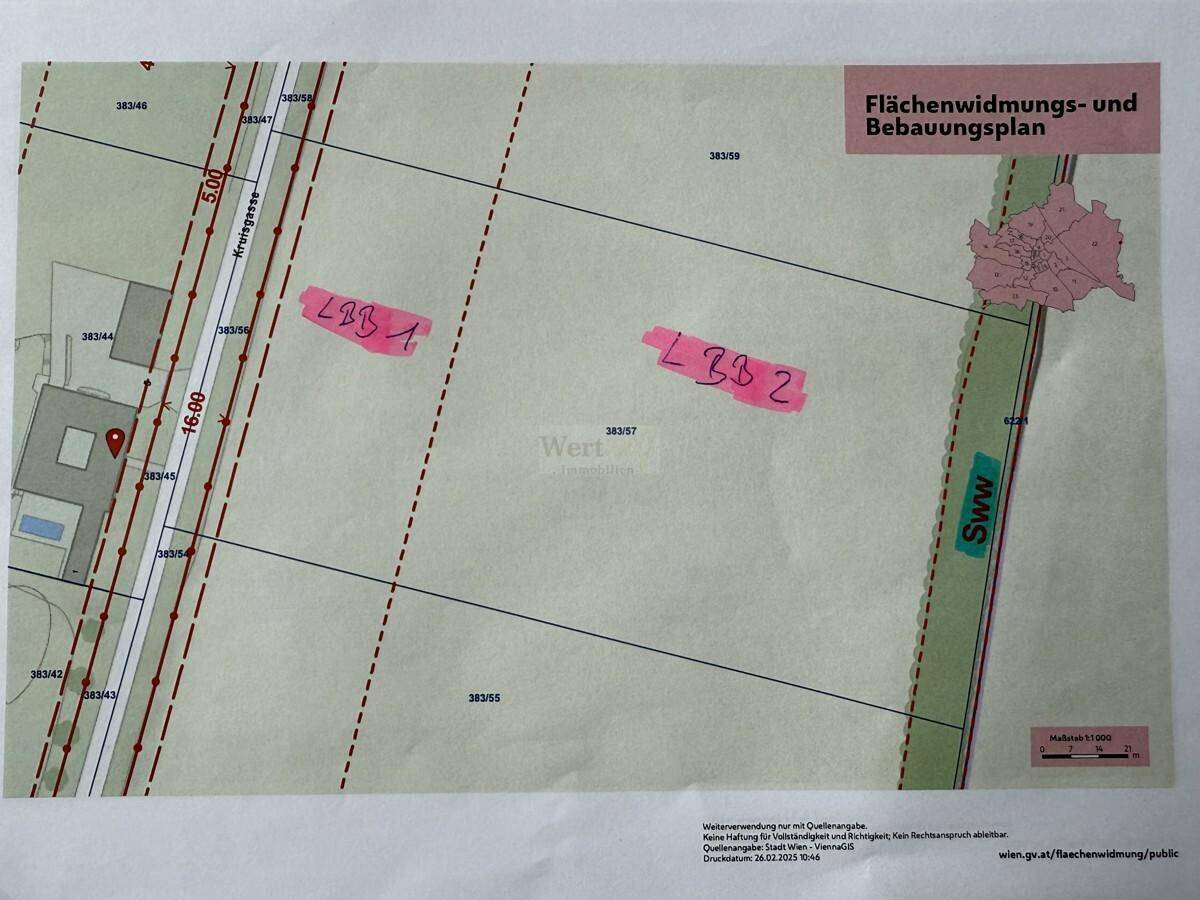 Ein Flächenwidmungs- und Bebauungsplan, der die Aufteilung von Grundstücken und Straßen zeigt.