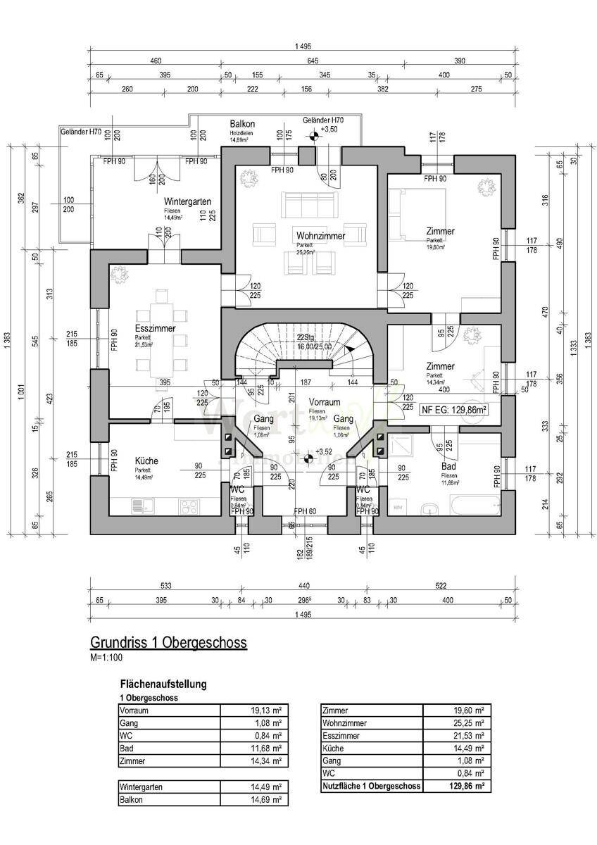 Grundriss des Obergeschosses mit Wohnzimmer, Wintergarten, Balkon, Küche und Bad.