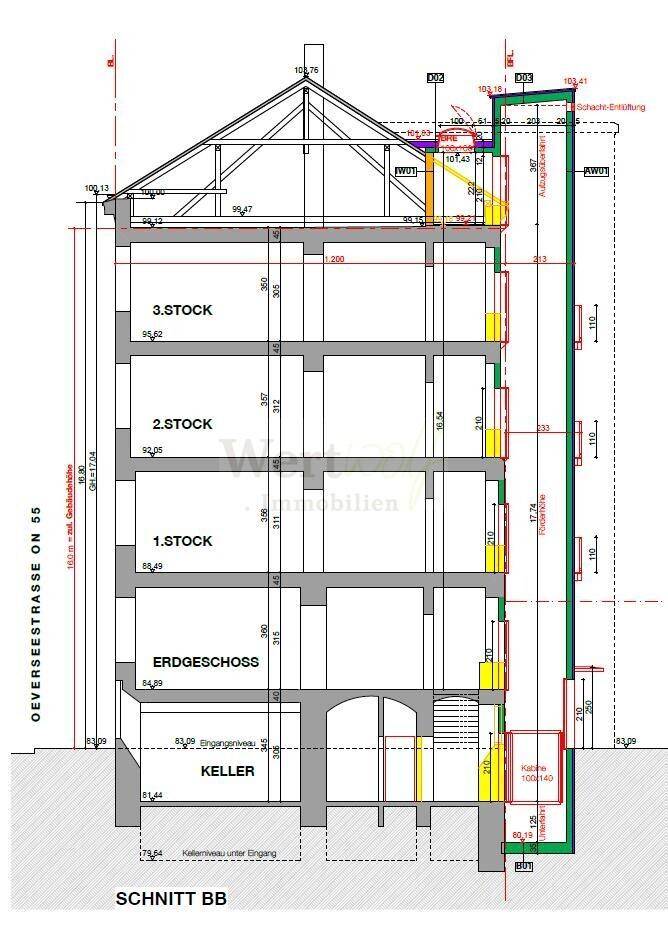 Gebäudeschnitt mit Keller, Erdgeschoss und mehreren Stockwerken, inklusive Dachkonstruktion und Balkonen.