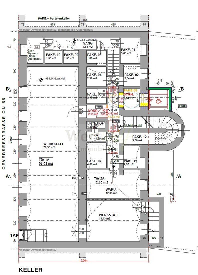 Grundriss des Kellers mit verschiedenen Lagerräumen, Werkstätten und Treppenhauszugang.