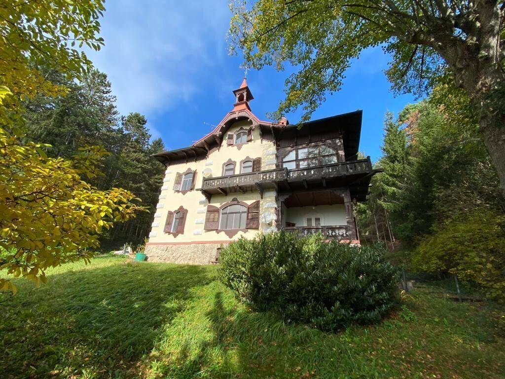 Historisches Anwesen umgeben von Bäumen und grüner Natur, mit traditioneller Architektur und Balkonen.