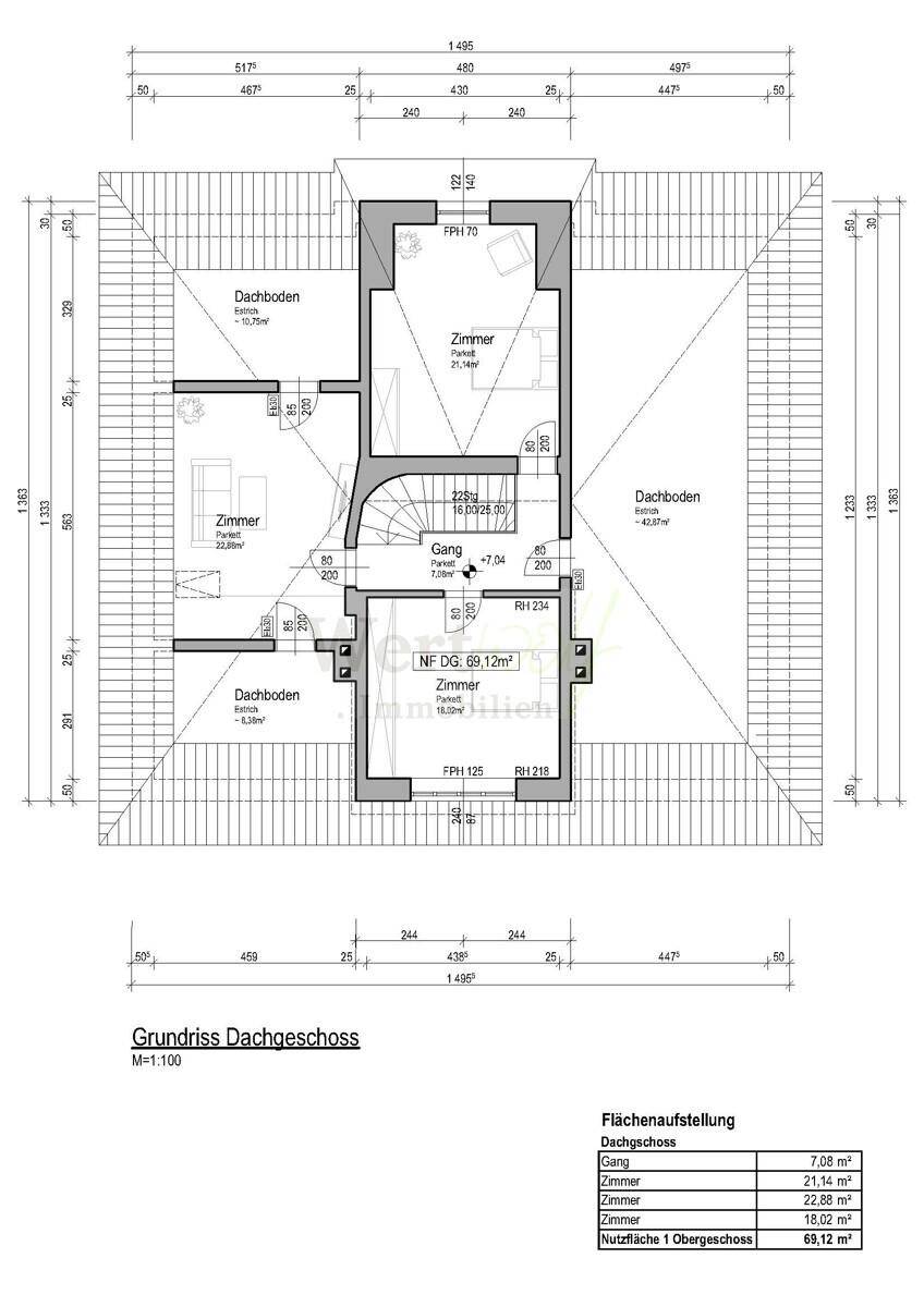 Grundriss des Dachgeschosses mit zwei Zimmern und Dachbodenflächen unter schrägen Dächern.