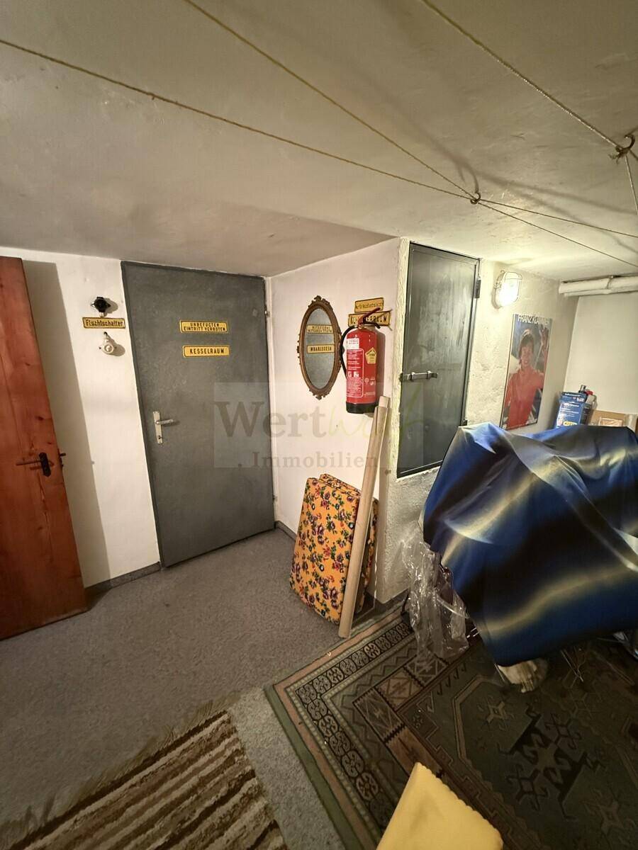 Kellerraum mit Teppichboden, Türen und gelagerten Gegenständen, inklusive Feuerlöscher.