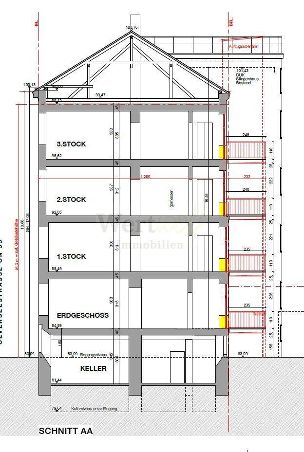 Gebäudeschnitt zeigt Keller, Erdgeschoss und Obergeschosse mit Dachstuhl und Balkonen.