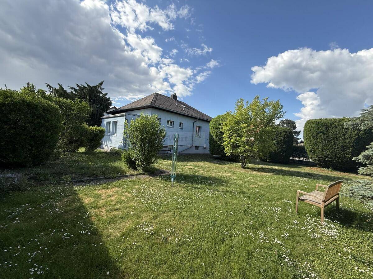 Weitläufiger Gartenbereich mit Rasen, Bäumen und einer Holzbank unter blauem Himmel.