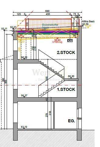 Gebäudeschnitt mit Treppenhaus und verschiedenen Stockwerken, inklusive Dachaufbau.