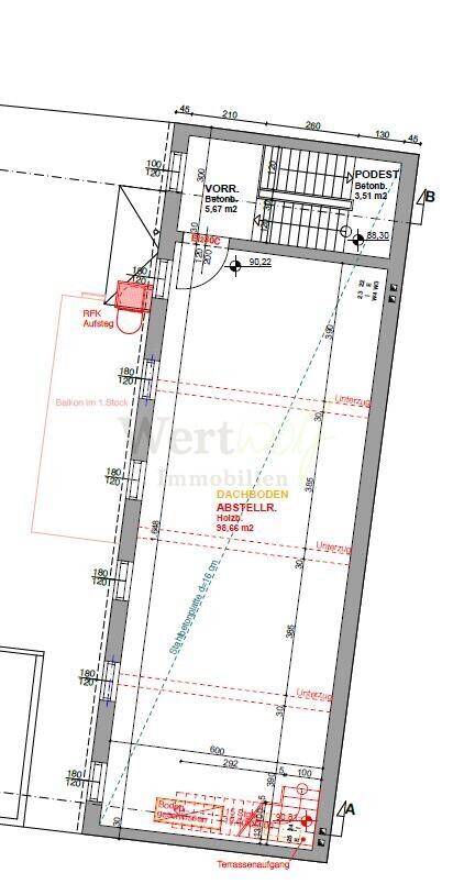 Grundriss des Dachbodens mit Abstellraum und Zugang über das zentrale Treppenhaus.