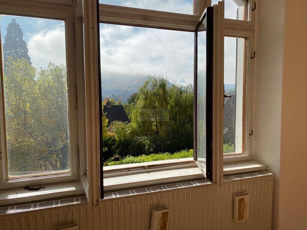 Fensterblick auf grüne Bäume und die umliegende Landschaft mit Häusern.