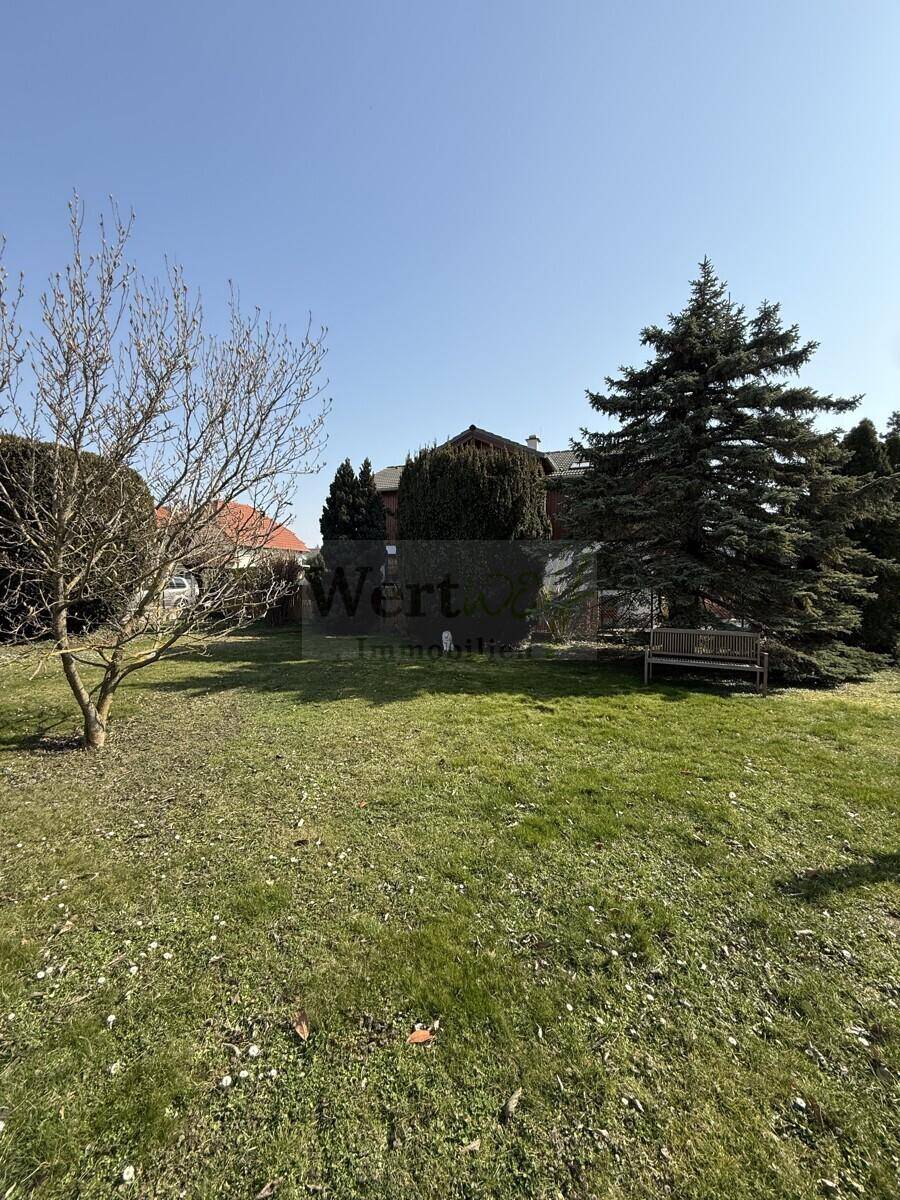 Gepflegter Garten mit Rasen, Bäumen und einer Holzbank, im Hintergrund ist das Haus sichtbar.