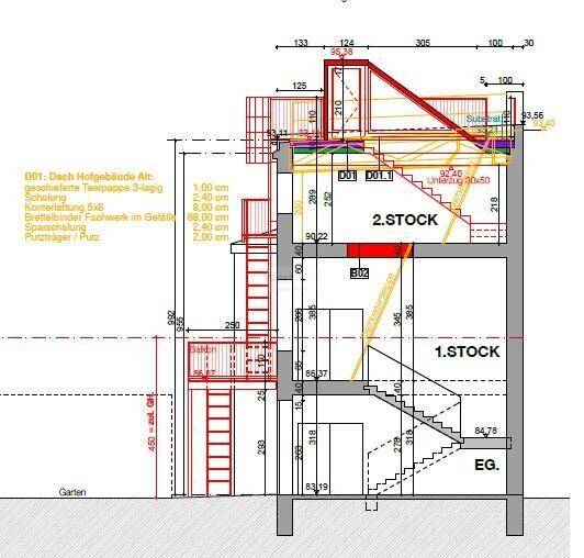 Schnittzeichnung eines Gebäudes mit Treppenhaus, Balkon und Zugang zum Gartenbereich.