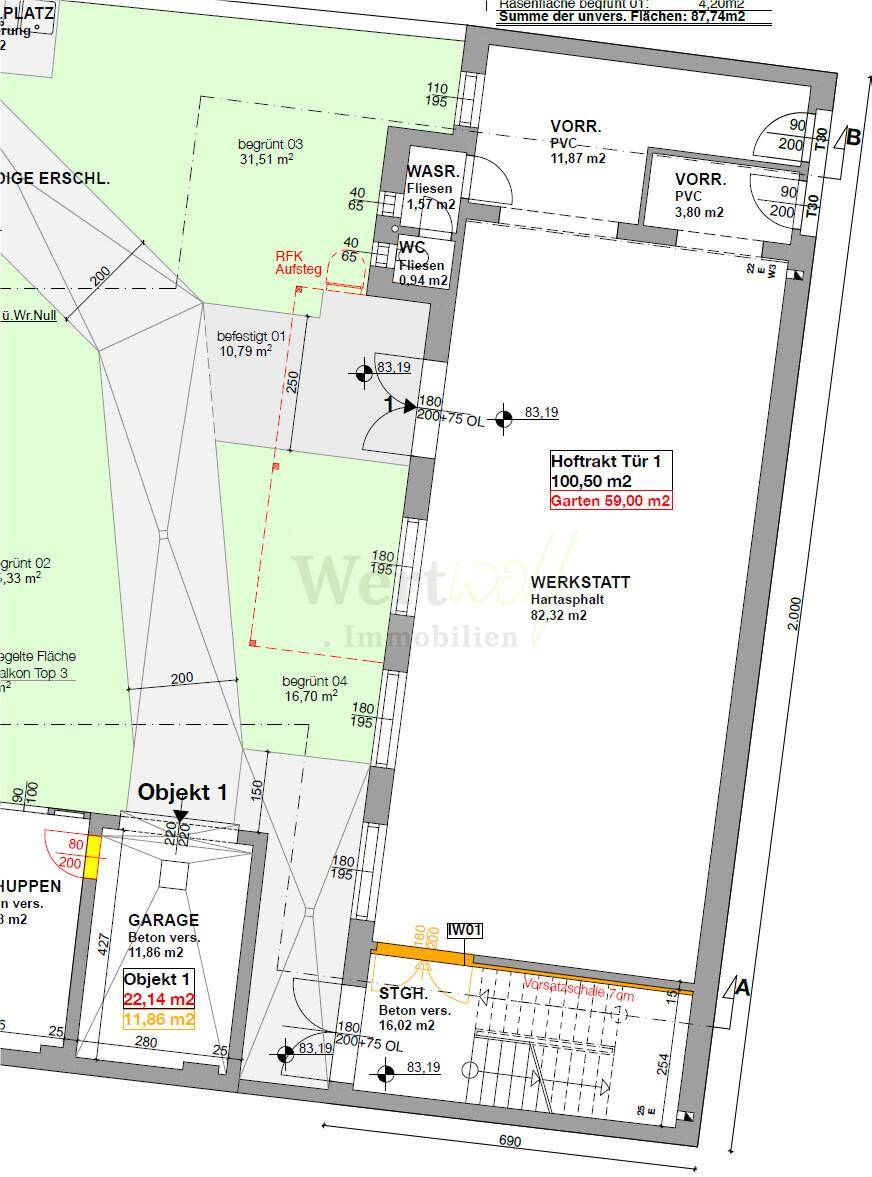 Grundriss des Erdgeschosses mit Garten, Garage, Werkstatt und separatem WC-Bereich.