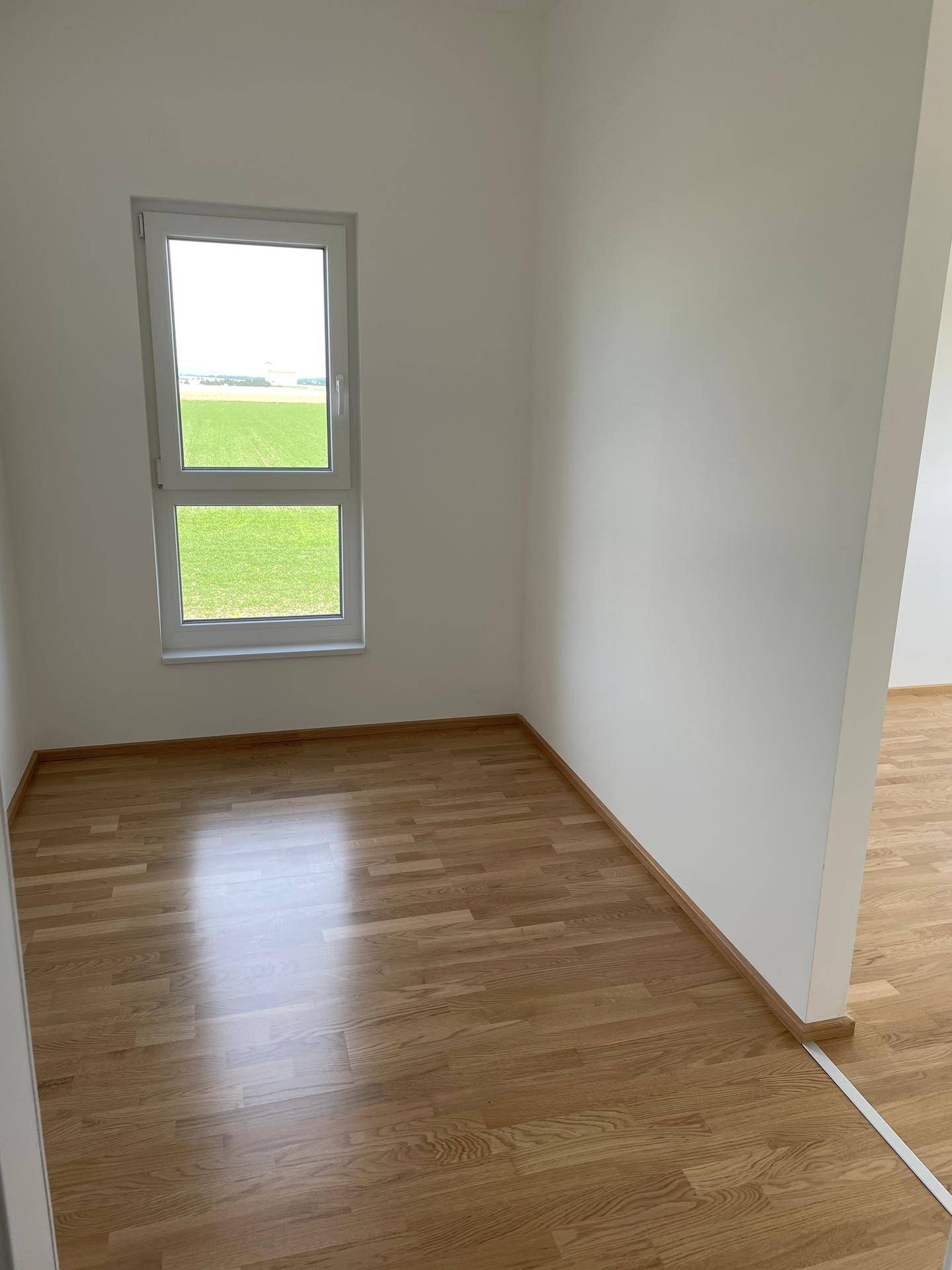 Heller Raum mit Holzboden und einem Fenster, das einen weiten Blick ins Grüne bietet.