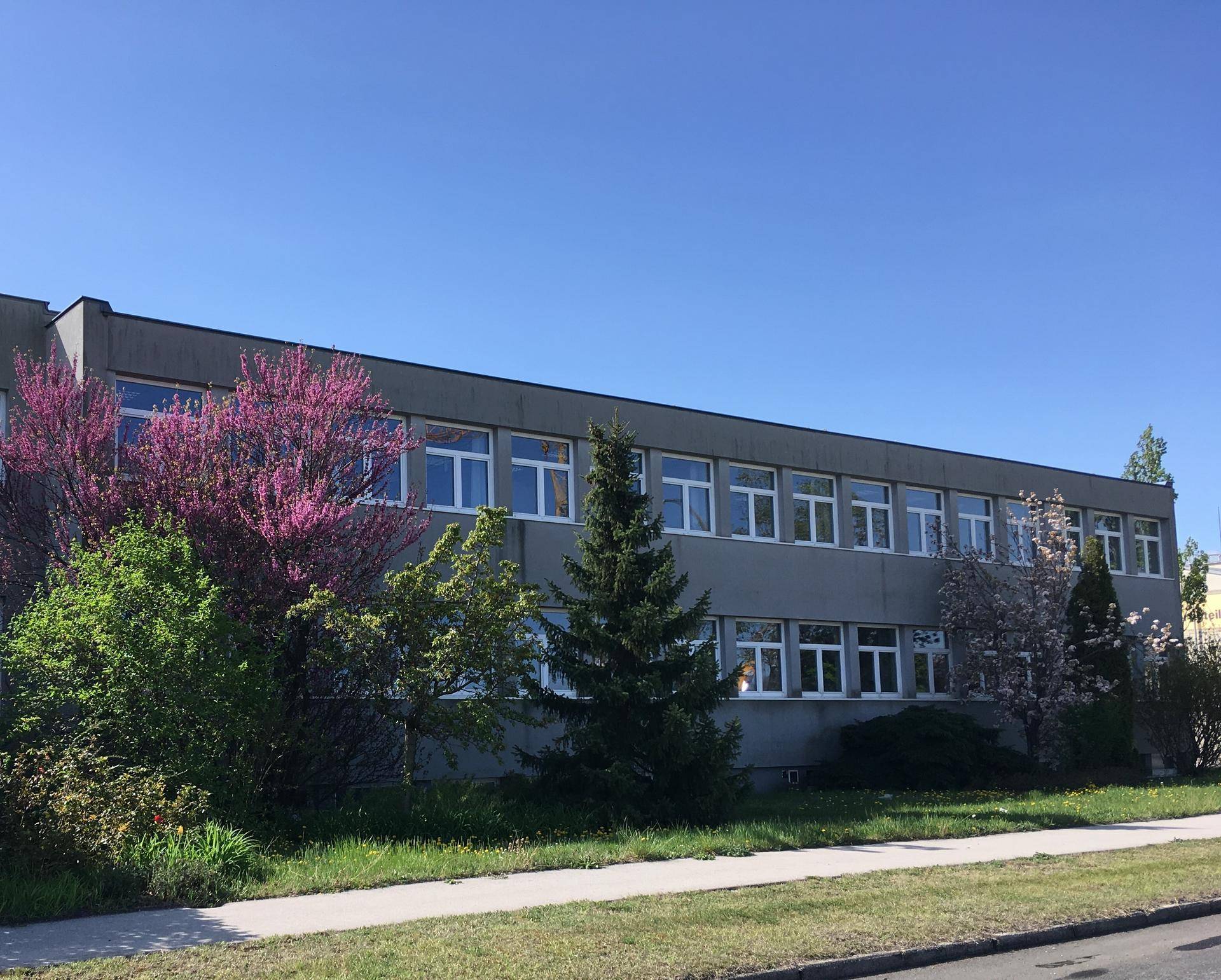 Graues Bürogebäude mit blühenden Bäumen und Sträuchern unter klarem blauem Himmel.