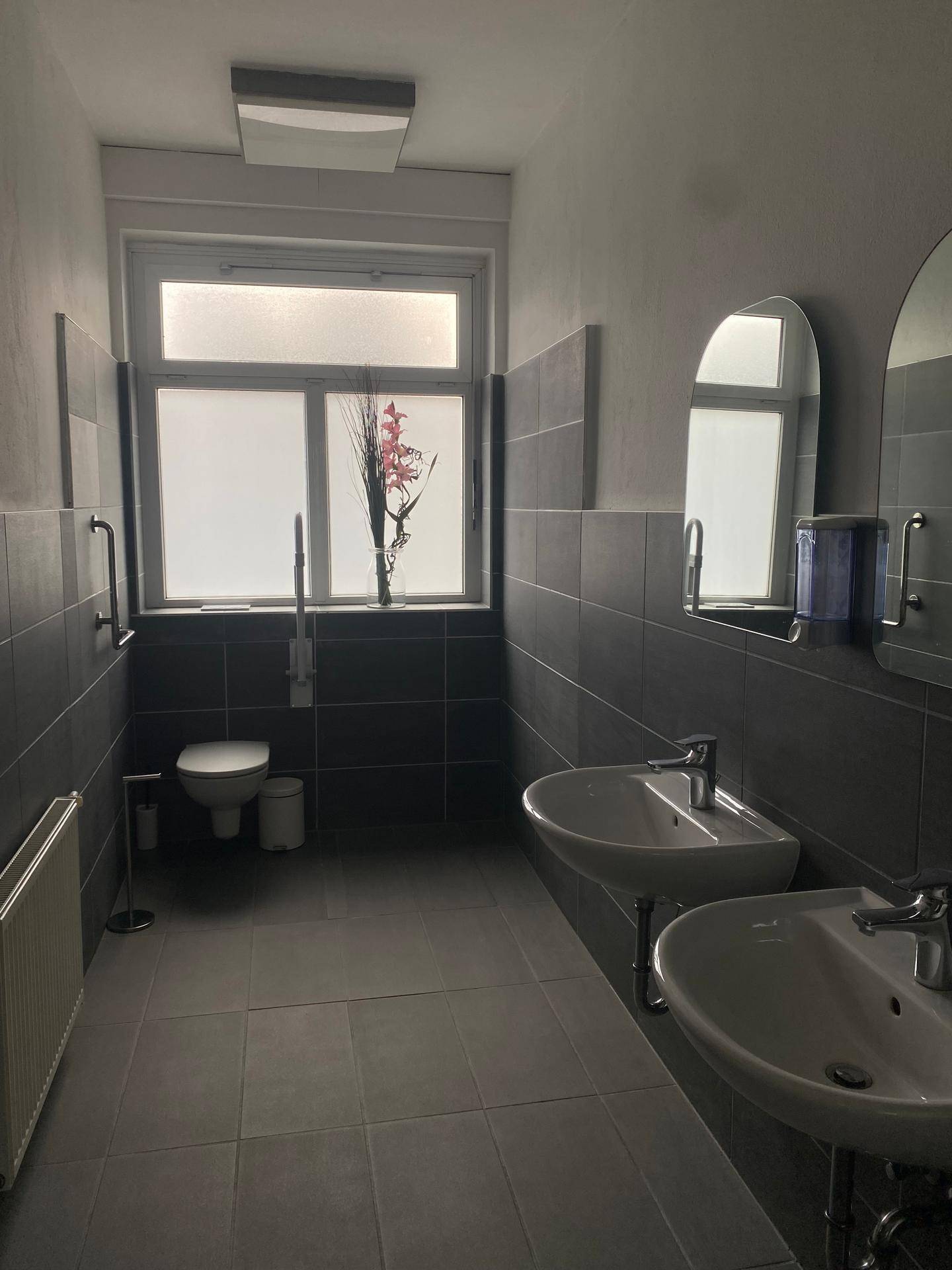 Geräumiges Badezimmer mit zwei Waschbecken, Toilette und großen Fenstern, ausgestattet mit Haltegriffen.