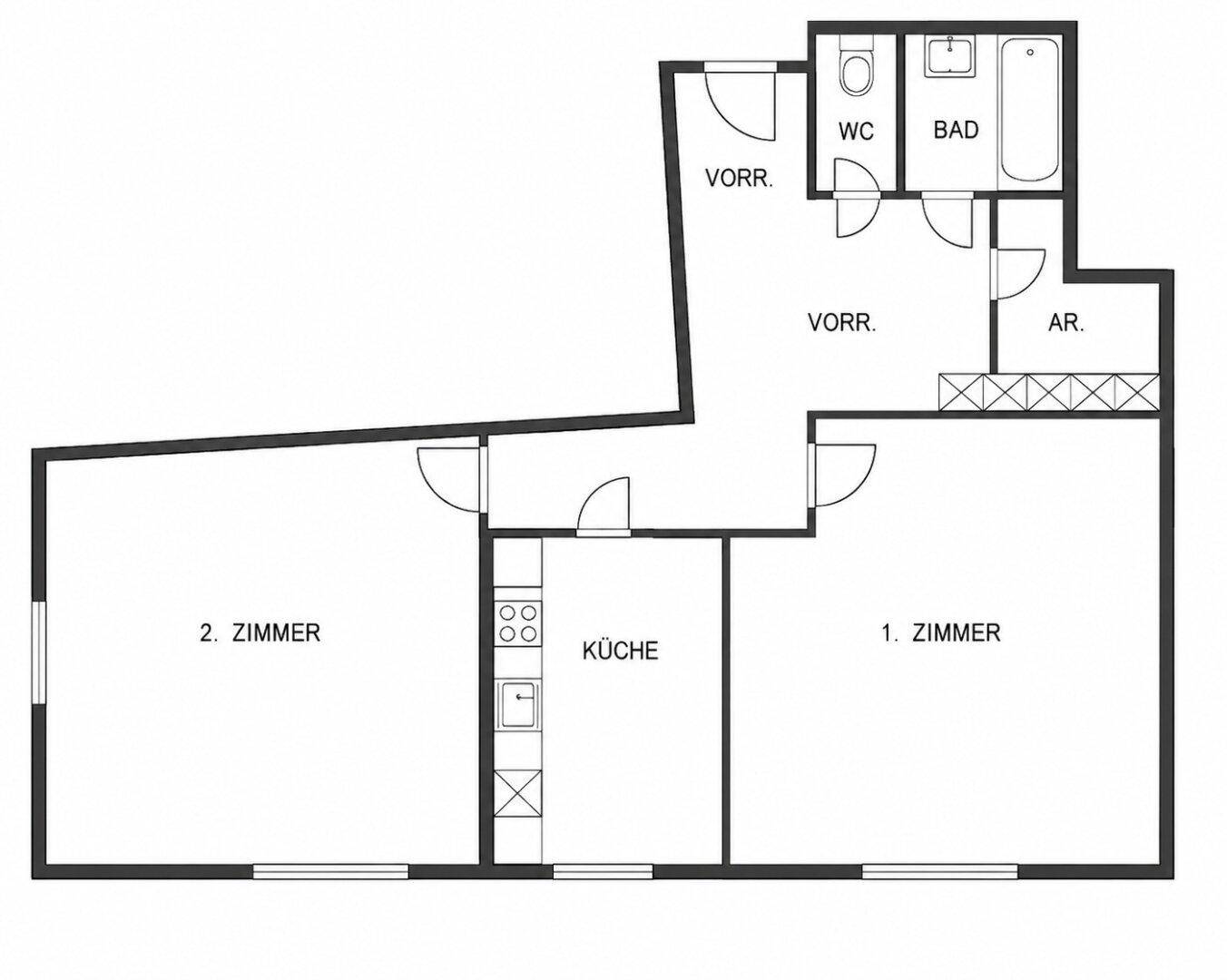 Grundriss der Wohnung mit zwei Zimmern, separater Küche, Bad und WC.