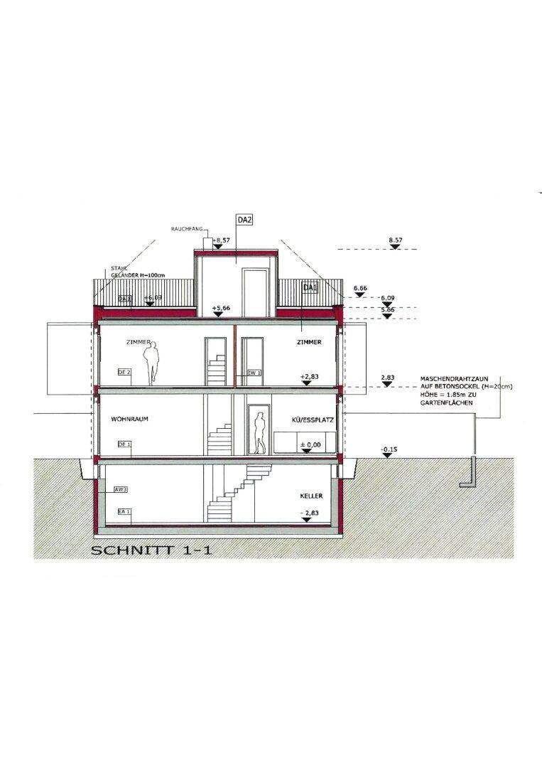 Schnittansicht des Gebäudes zeigt die Aufteilung über mehrere Etagen inklusive Keller und Dachterrasse.