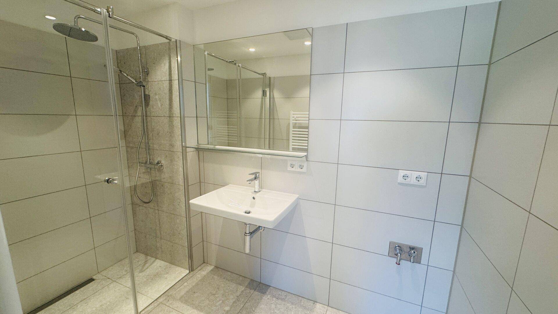Zeitgemäßes Badezimmer mit großer Dusche, Waschbecken und Wandspiegel.