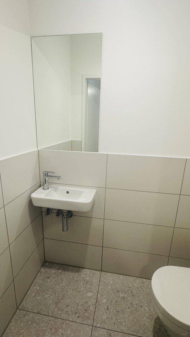 Separates Gäste-WC mit kleinem Waschbecken und Wandspiegel.