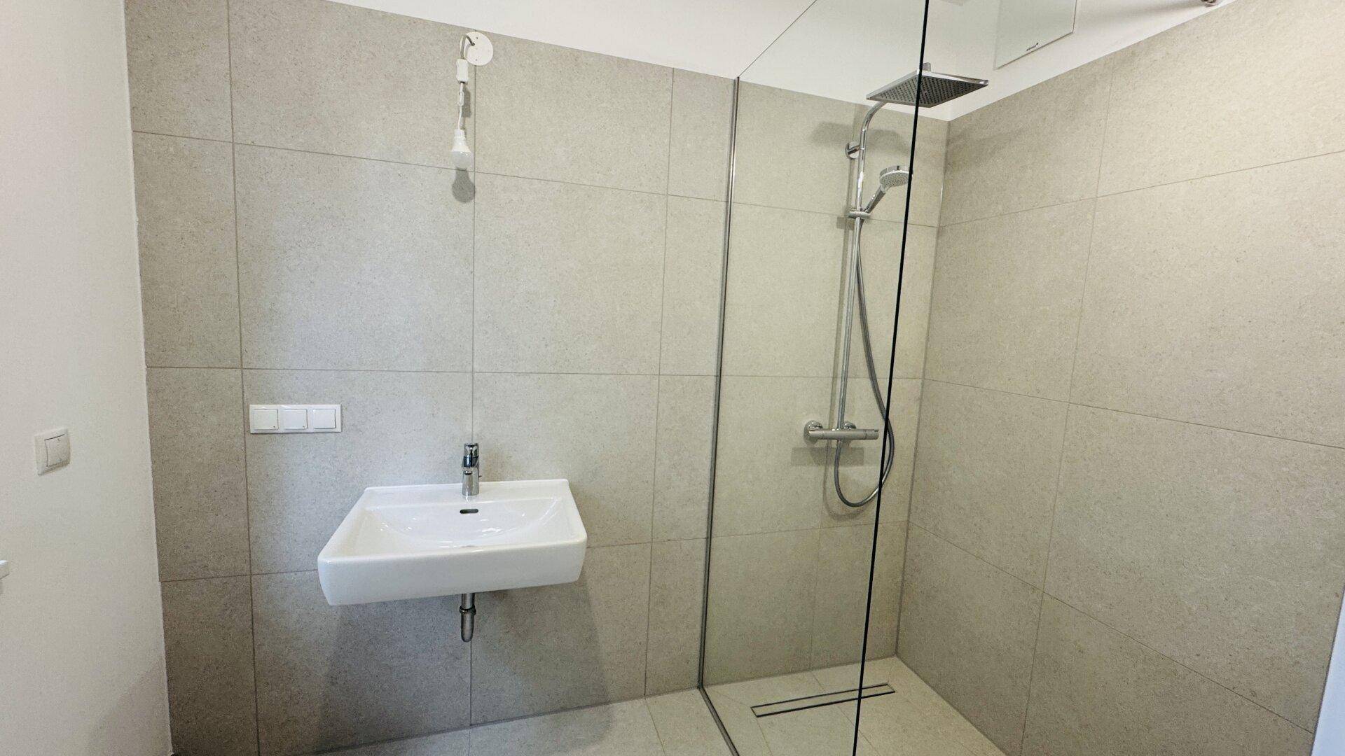 Modernes Badezimmer mit Einzelwaschbecken und geräumiger begehbarer Dusche.
