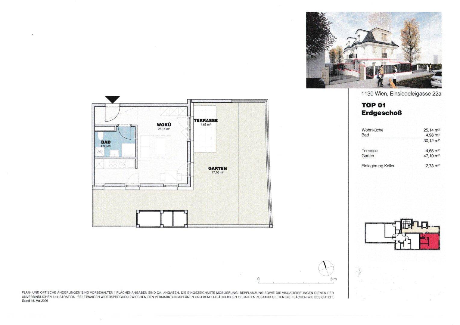 Grundriss der Erdgeschosswohnung mit Wohnküche, Bad, Terrasse und Garten.
