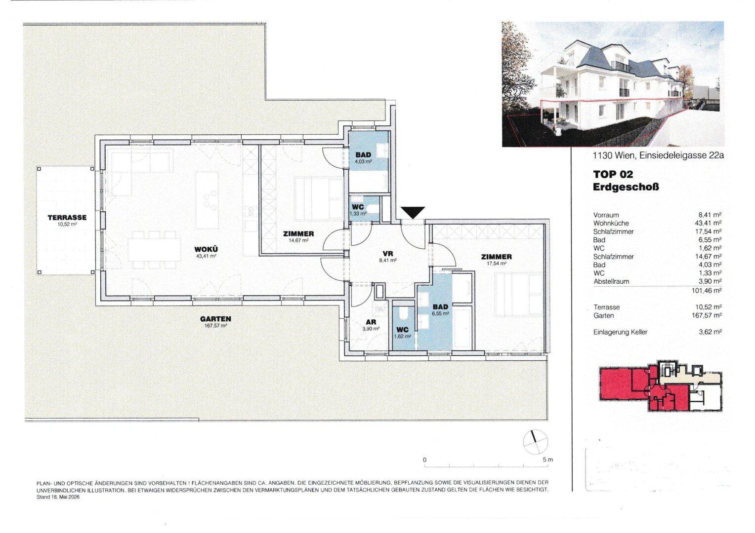 Grundriss des Erdgeschosses mit Terrasse, Garten und detaillierter Raumaufteilung.