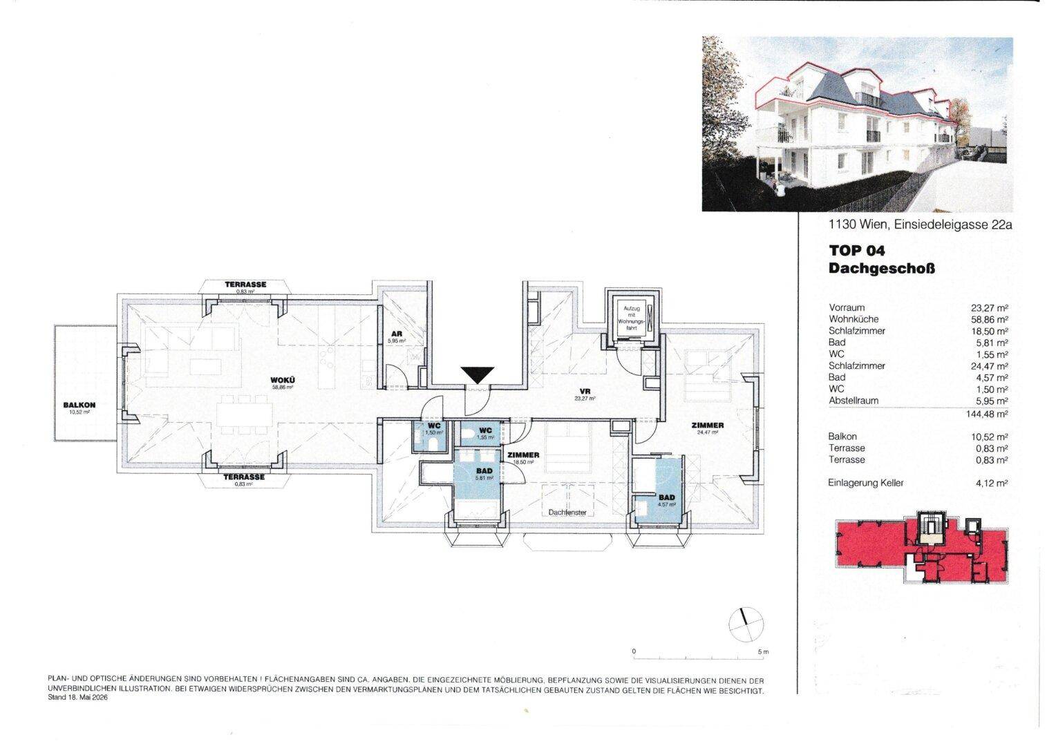 Grundriss der Dachgeschosswohnung Top 04 mit Balkon und Terrasse.