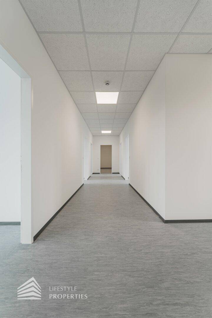 Symmetrischer, leerer Flur mit abgehängter Decke und gleichmäßiger Beleuchtung, der zu weiteren Räumen führt.