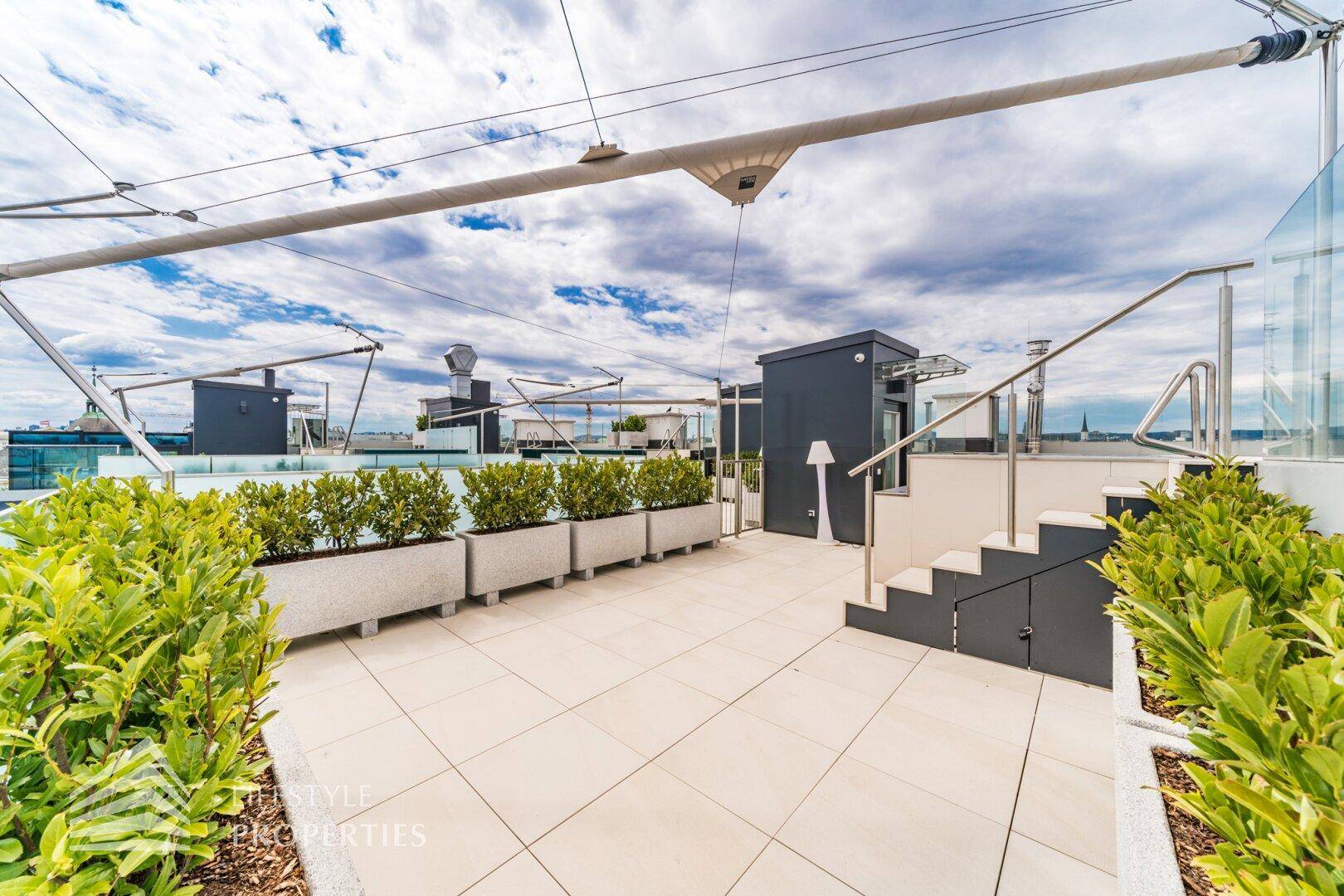 Weitläufige Dachterrasse mit Pflanzenkübeln, Treppenaufgang und weitem Blick über die Stadt.
