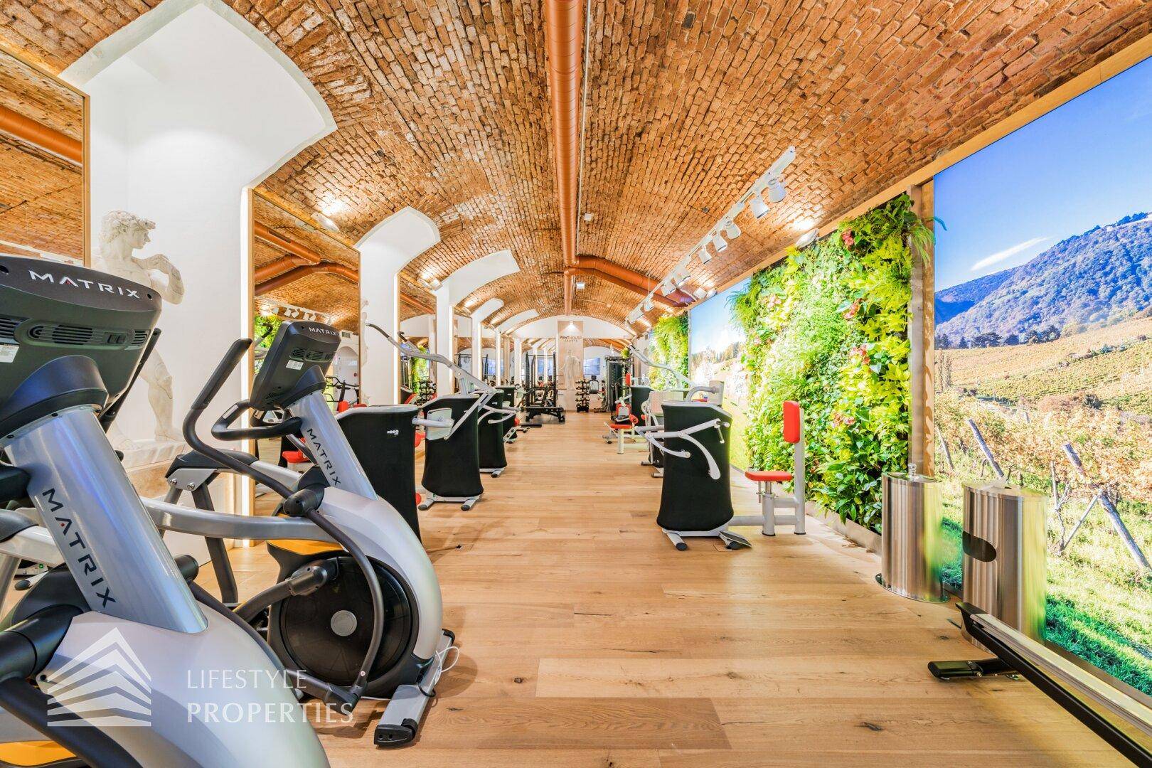 Gut ausgestatteter Fitnessbereich mit Laufbändern und Wandbildern, die eine idyllische Weinlandschaft zeigen.