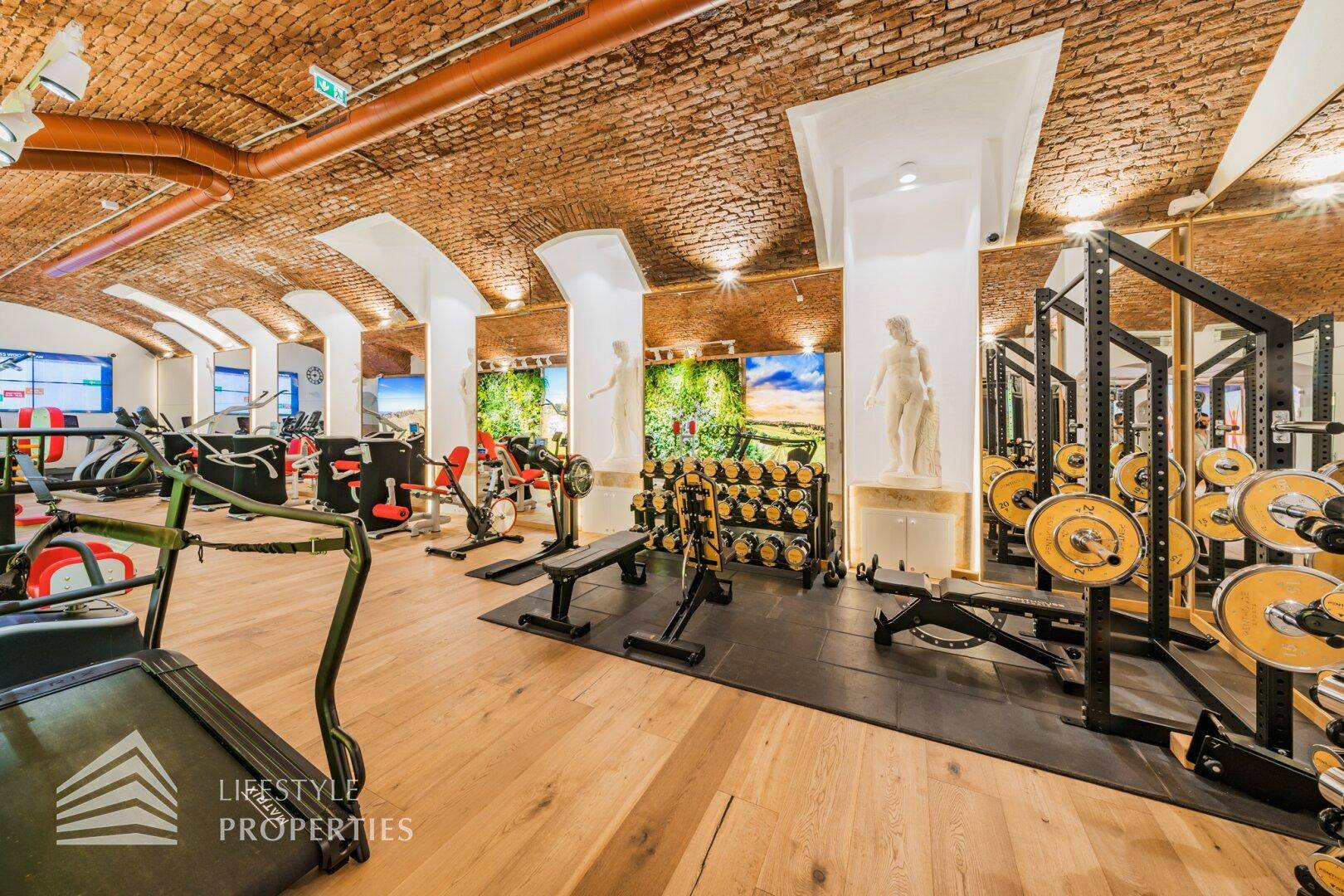 Krafttrainingsbereich im Fitnessstudio mit Hanteln, Bänken und weiteren modernen Trainingsgeräten.