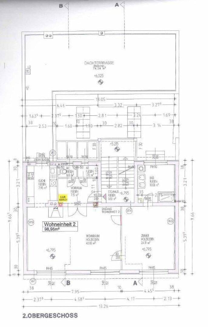 Grundriss des 2. Obergeschosses mit Dachterrasse und Wohnbereichen.