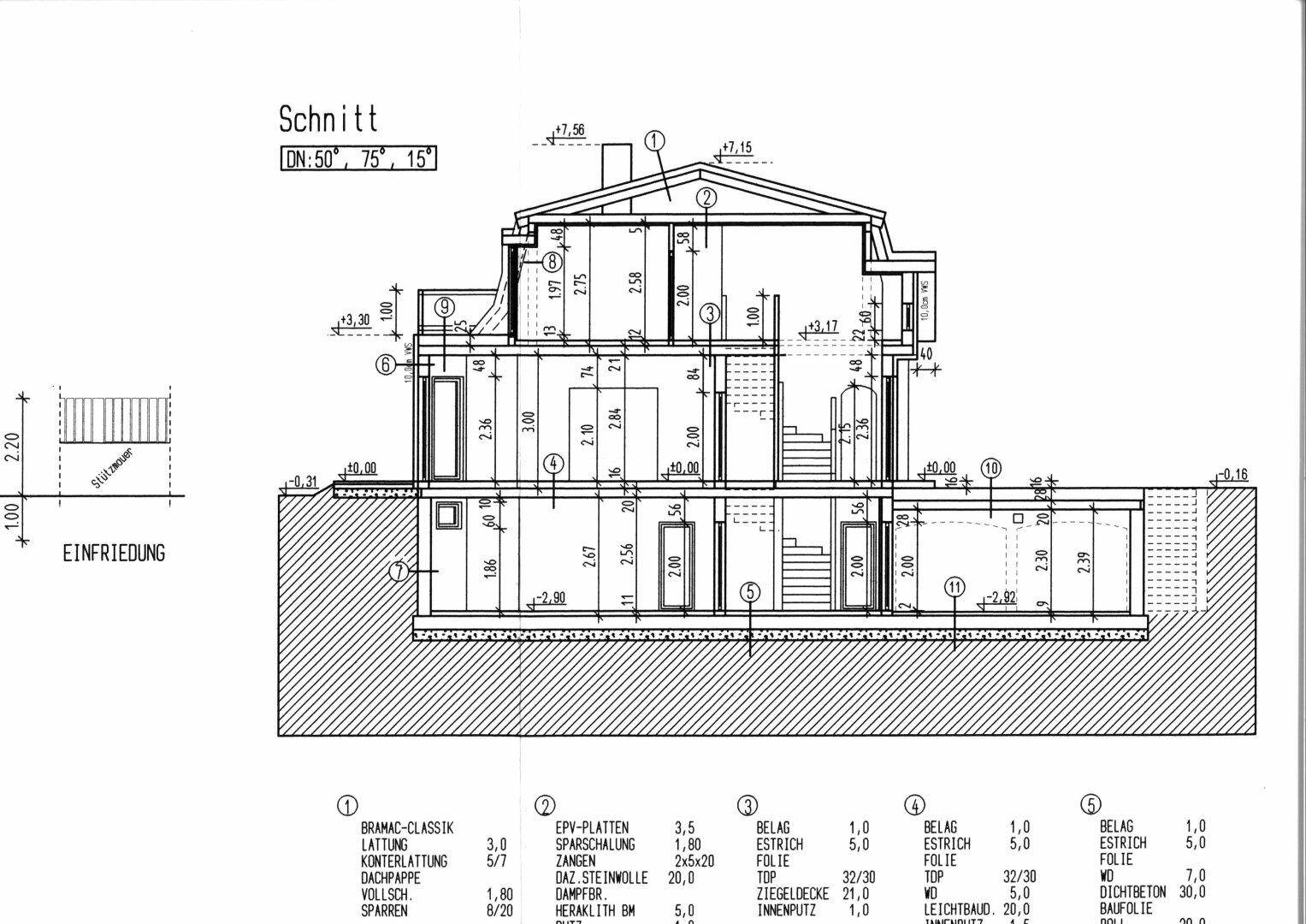 Architektonischer Schnitt des Gebäudes zeigt die Geschosse und Dachkonstruktion.