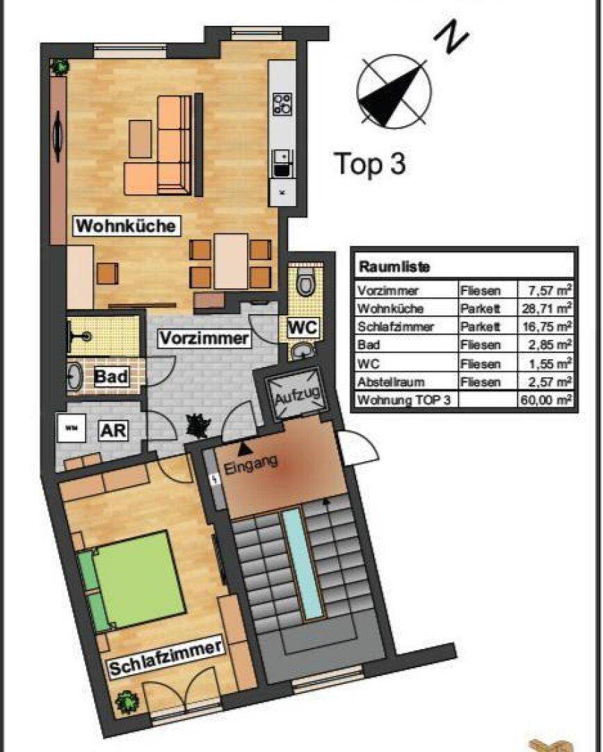Detaillierter Grundriss der Wohnung Top 3 mit Wohnküche, Schlafzimmer und Bad.