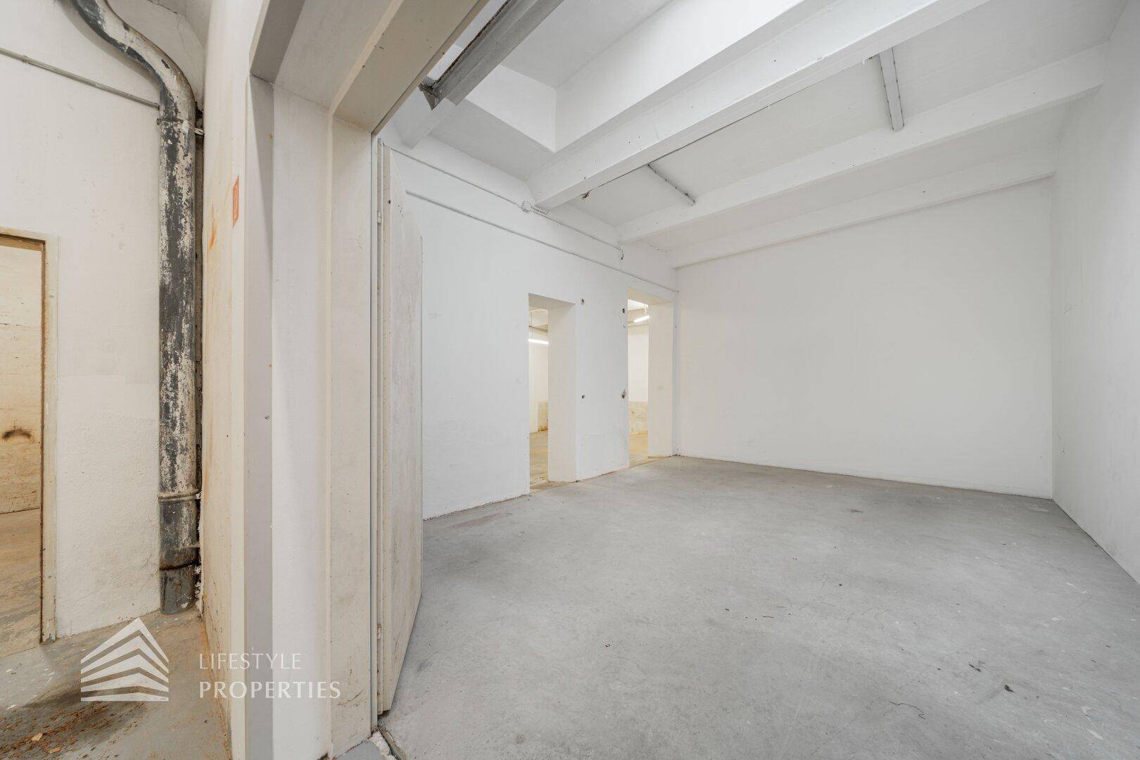 Geräumiger Lagerraum mit Betonboden und hohen Decken, der viel Platz für verschiedene Zwecke bietet.