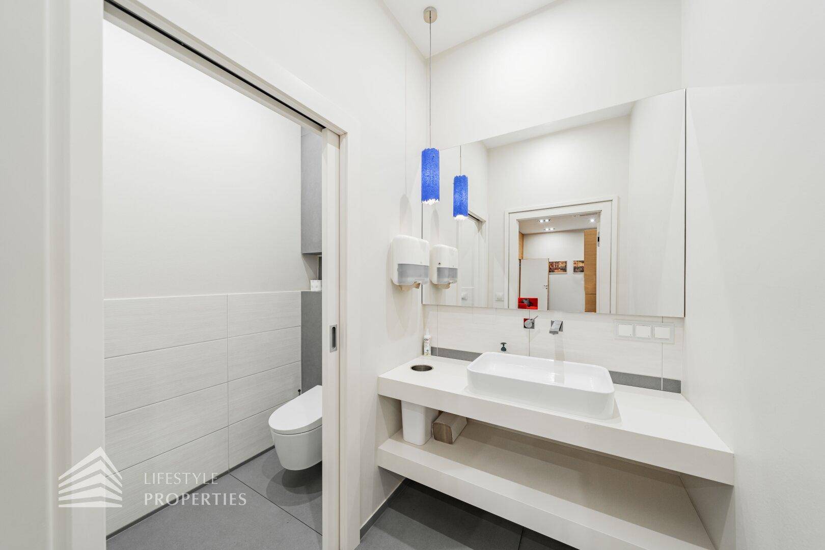 Modernes Badezimmer mit weißem Waschtisch, großem Spiegel und einer Toilette hinter einer Schiebetür.