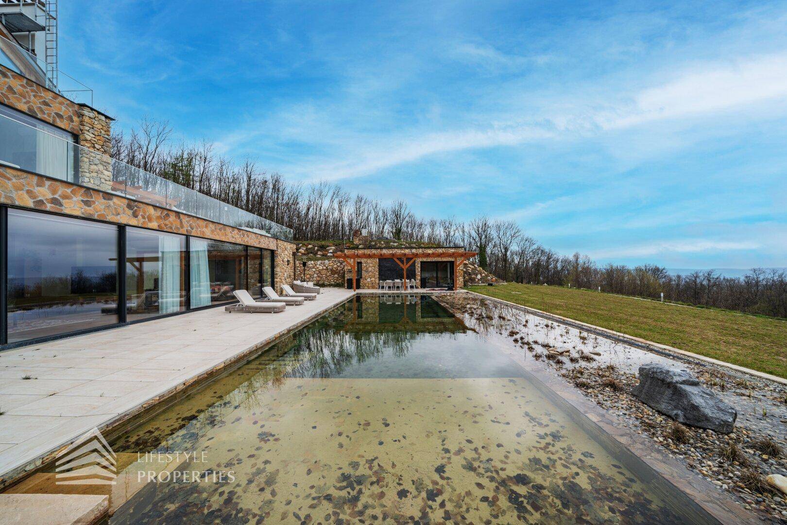 Moderne Villa mit weitläufiger Terrasse und naturnahem Poolbereich, umgeben von grüner Landschaft.
