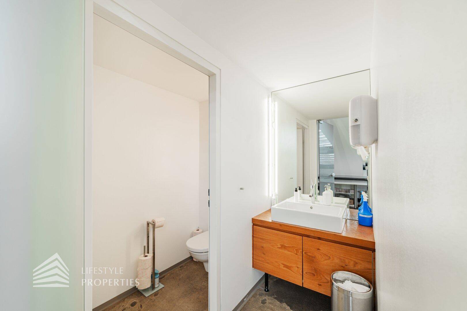 Modernes Badezimmer mit Waschbecken auf Holzunterschrank und separatem Toilettenbereich.