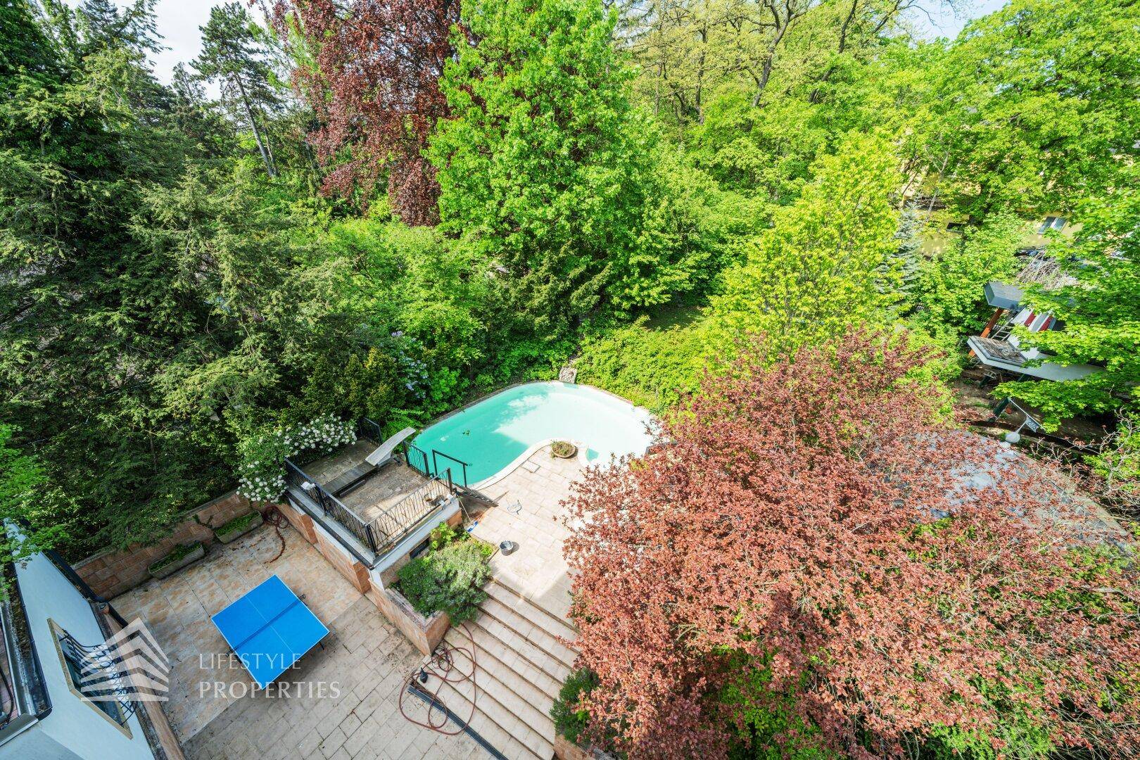 Vogelperspektive auf den weitläufigen Gartenbereich mit Pool, Terrasse und Tischtennisplatte.