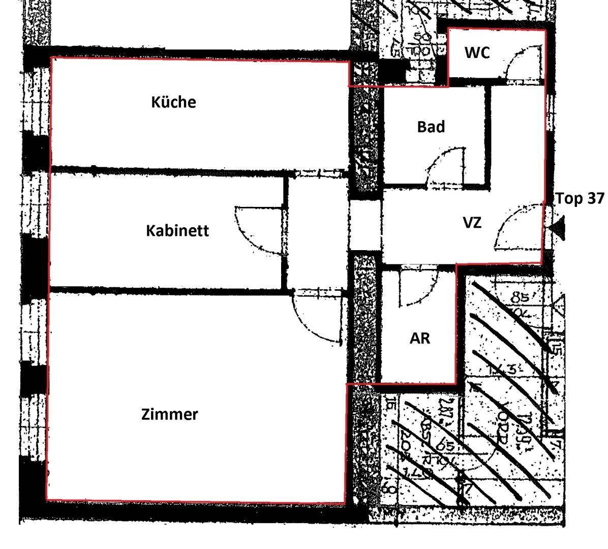 Grundrissplan der Wohnung mit Küche, Zimmern, Bad und separatem WC.