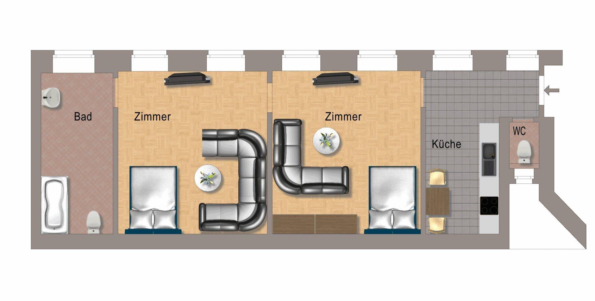 Farbiger Grundrissplan mit Möblierungsvorschlägen für drei Zimmer, Bad, Küche und WC.