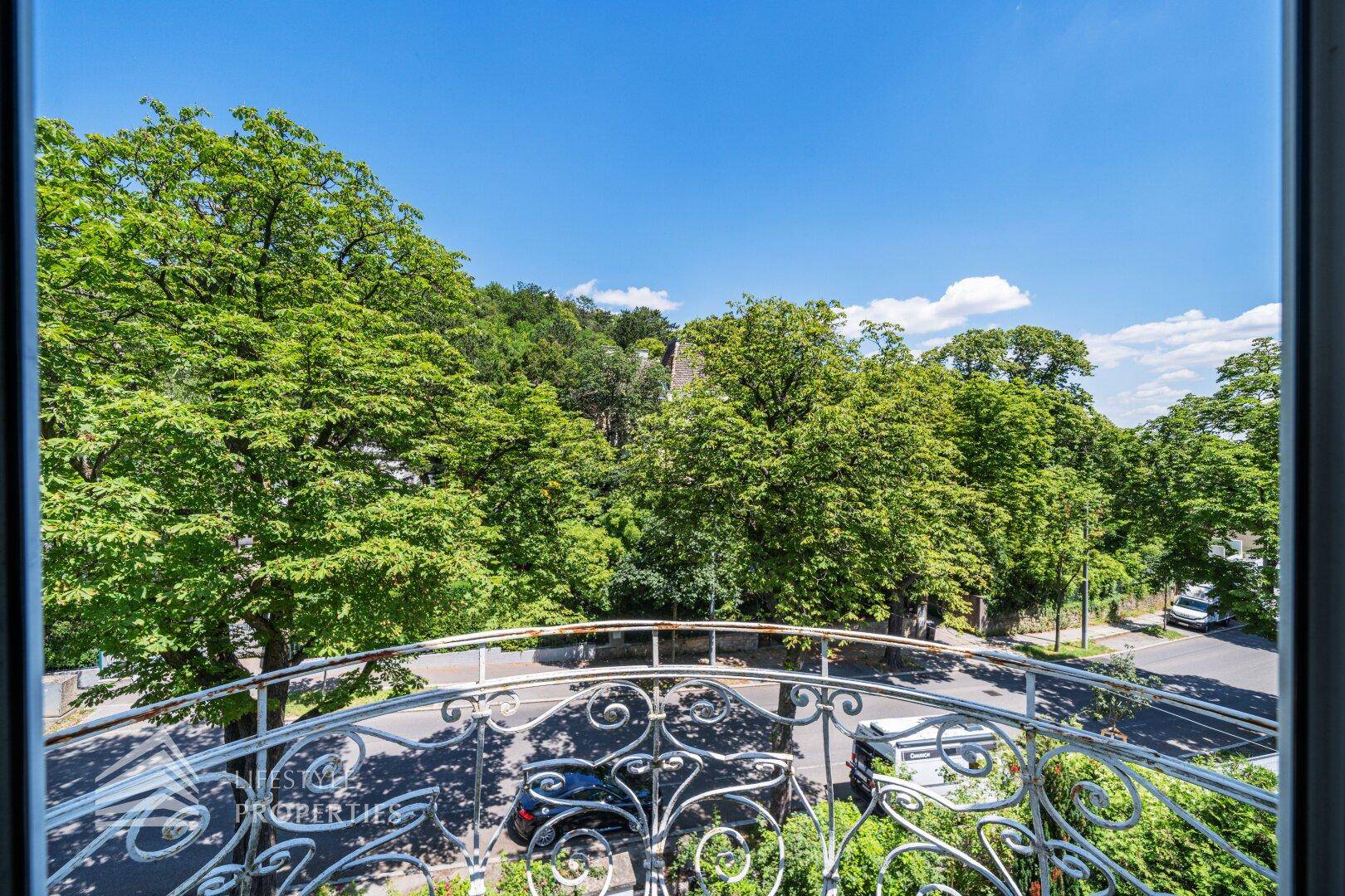 Blick von einem französischen Balkon auf die grüne Umgebung und die Straße.